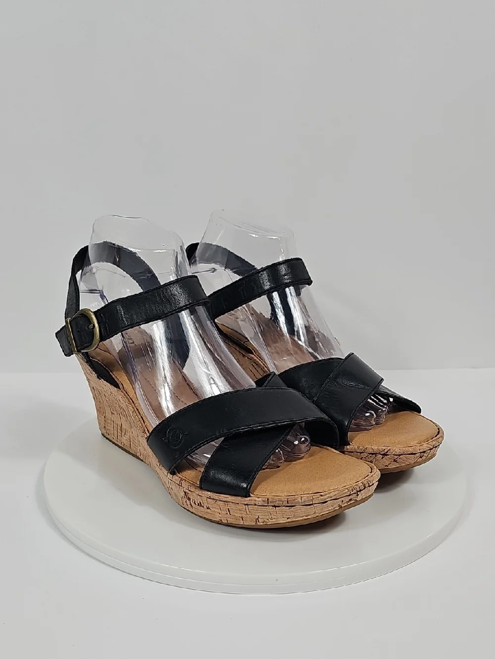 NWT Born Leather Wedge Sandals Cork-Style Platform Cross Strap Black 10 Boho